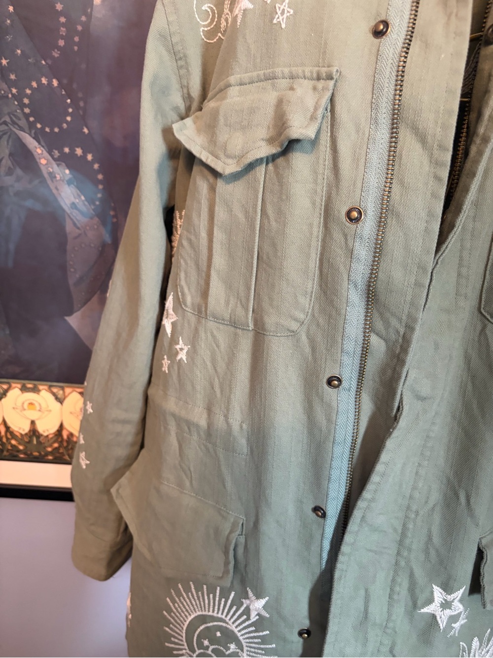 Johnny Was Olive Green Utility Jacket with White Celestial Embroidery - Picture 3 of 6